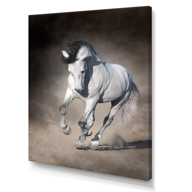 «White Horse With Long Manes Run Galop On Desert», peinture sur toile, H 32 po x l 16 po, Toile tendue