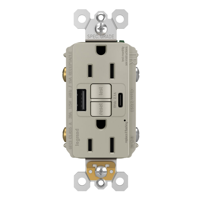Prise de courant de test automatique GFCI résistante au sabotage 15 ampères Radiant avec 2,1 ampères USB A / C, Graphite