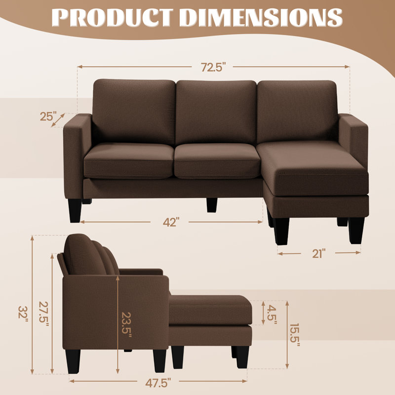 Canapé modulaire convertible 3 places en L avec tissu en lin et repose-pieds mobile, Coton brun
