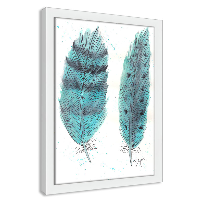 «Feathers in Turquoise II», art encadré, H 15 po x l 11 po x P 1,18 po, Cadre blanc