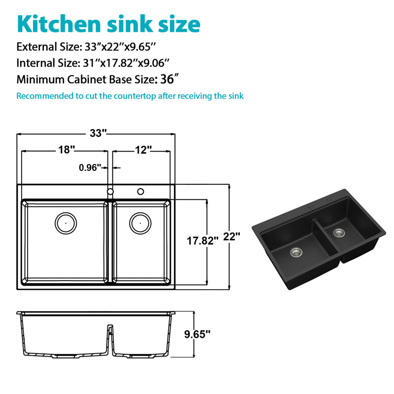 33 Inch Drop-In Granite Composite Kitchen Sink Workstation 60/40 Double Bowl Quartz Kitchen Sink, Black