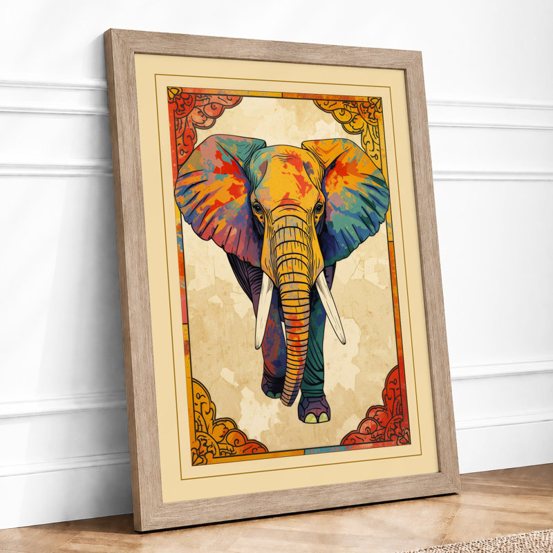 Ornamental Elephant Facing Eclectic - Framed Print, A2 - 59.4 x 42.0 cm, Oak
