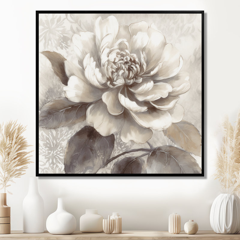 Pivoines grises sur branche II - pivoines imprimées sur toile, 44" H x 44" W, Cadre flottant noir