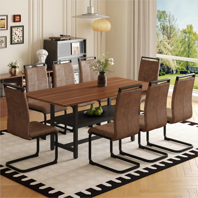 71-Inch Rectangular Walnut Dining Table with 8 Brown Upholstered Chairs, Jet Black Metal Legs, Modern Kitchen Set