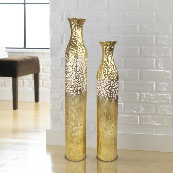 Rosdorf Park Krail 2 Piece Gold Tall Floor Vase Set, Metal Large Medium ...