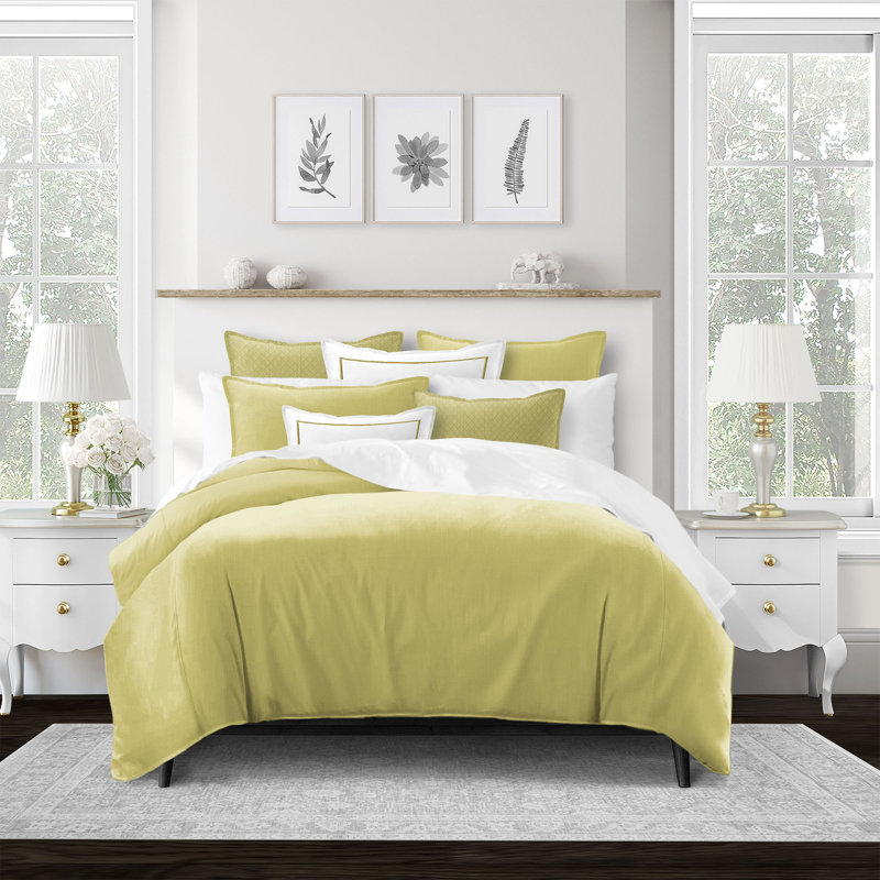Ensemble d'édredon en coton 3 pièces Lea Beige, Édredon pour très grand lit californien + 2 taie, Vert uni