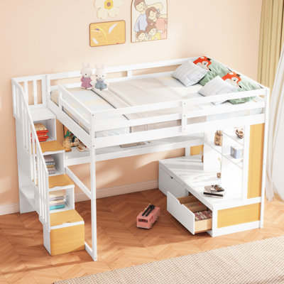 White & Natural Full Size Loft Bed With Desk, Shelves, Drawer Storage Drawers - Glamour