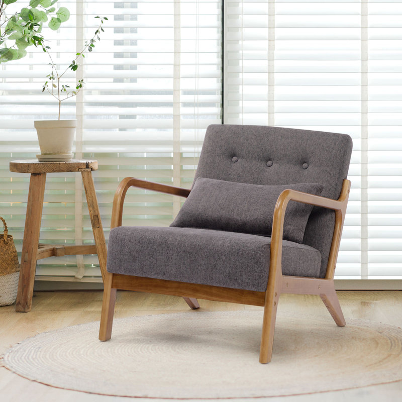 Walthill 63 cm Modern Scandinavian Solid Wood Armchair, Dark Grey, Linen Blend