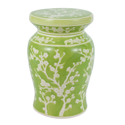 Cherry Blossom Classic 17.75" Green and White Ceramic Garden Stool, Indoor Outdoor Chinoiserie Patio Side Table and Plant Stand