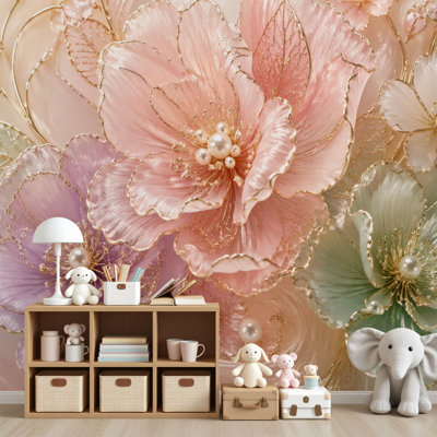 Peel and Stick Wallpaper Delicate 3D Floral Artwork Pink Purple Green Flowers Pearls Gold Wall Murals 69"H x 96"W Removable PVC Wall Paper Self-Adhesive Wall Decor for Bedroom Living Room Home Office