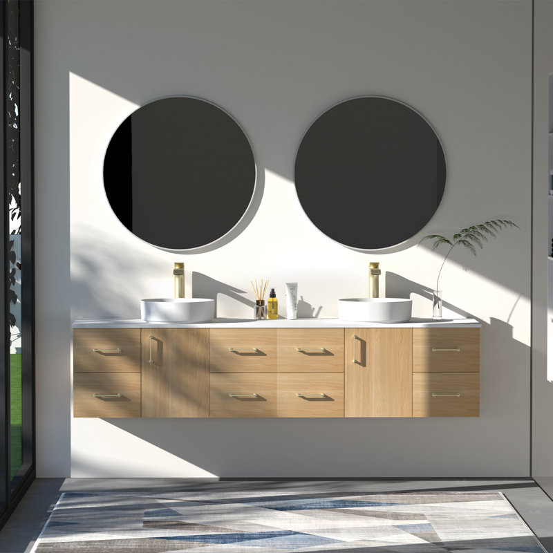 Meuble-lavabo mural 84 po avec comptoir en pierre de quartz blanc et double vasque ronde en céramique