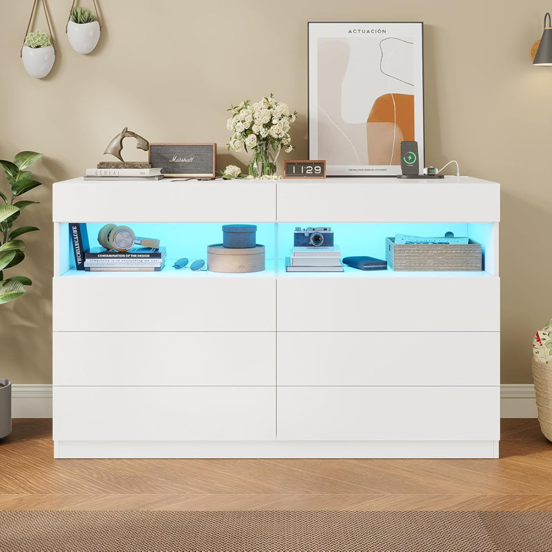 8 Drawer Dresser for Bedroom with RGB Lights & Power Outlet, 47" W Double Dresser with Open Shelves, Modern No Handle Chest of Drawers for Closet