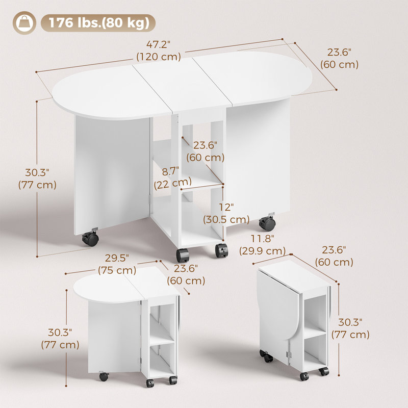 Table pliante avec 2 étagères, table de salle à manger pliante, blanche, Blanc