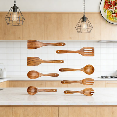 Acacia Wood Cooking Utensils Set Of 7 - Natural Non-Toxic Kitchen Utensils With Spatula, Slotted Spoon, Mixing Spoon, Salad Fork For Non-Stick Cookware And Healthy Cooking