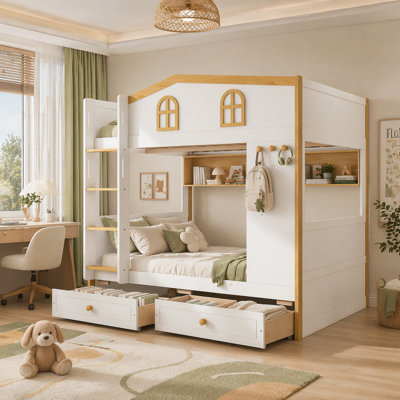 Twin over Twin Size Bunk Bed with House-shaped Guardrails and Storage Shelves and Trundle,White+Natural