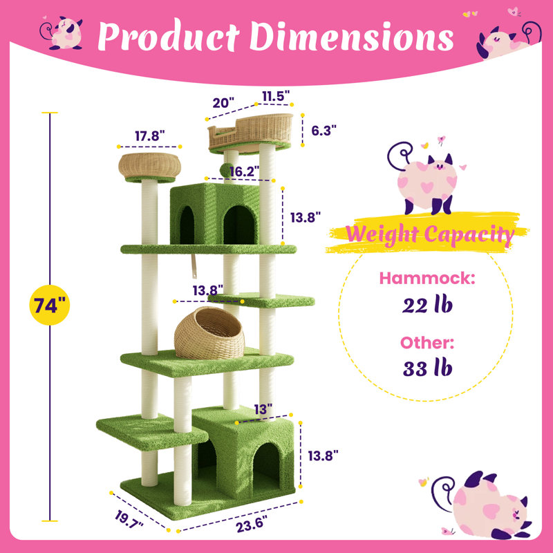 Arbre à chat 74 po moderne à niveaux multiples avec nids en osier et poteaux à griffer en sisal