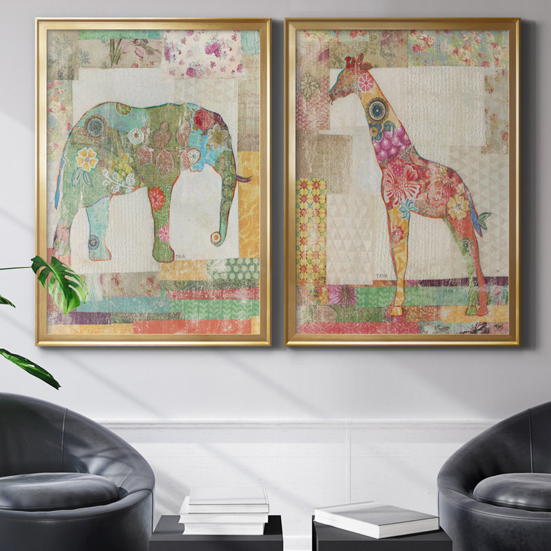 «Elephant Montage», ensemble de 2 impressions, Pas de tapis, H 18,5 po x l 49 po x P 1,5 po, Toile encadrée dorée