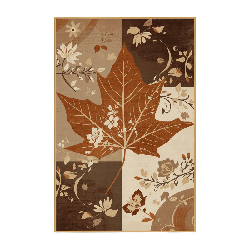 Tapis floral classique feuille d'érable Paesyn lavable à la machine en brun - reliure brun clair, 5x8