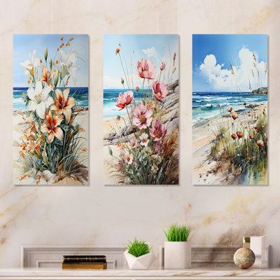 Fleurs saisonnières sur la plage - Ensemble de 3 fleurs murales en métal