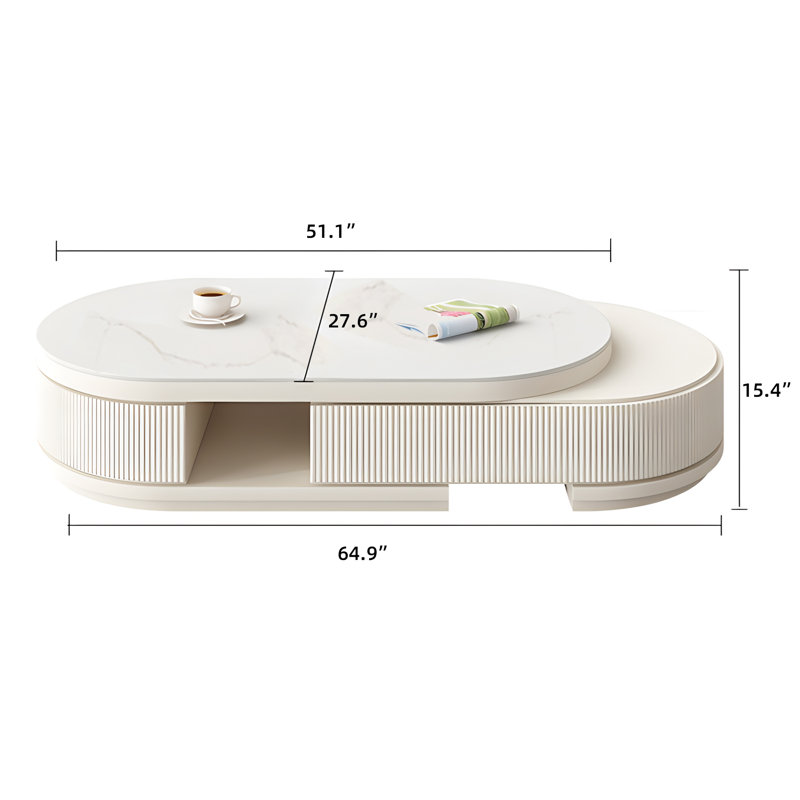  Bilawal 51.1"-64.9" Cream Style Oval Extendable Coffee Table Solid Wood With 4 Drawers, No-Assembly Required