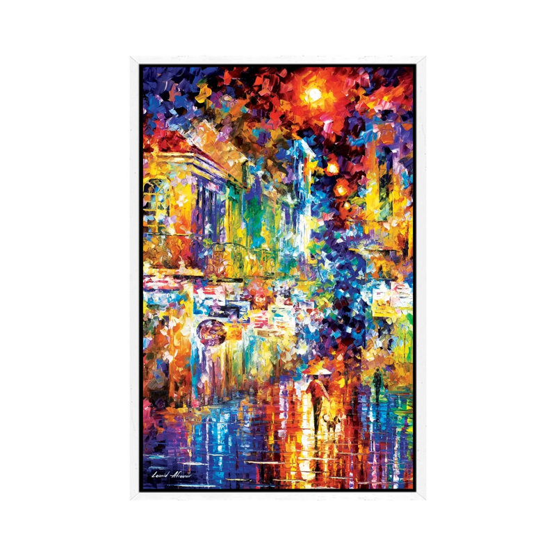 Strolling With A Dog by Leonid Afremov - Painting on Canvas, White Framed Canvas, 66.04 cm H x 45.72 cm W