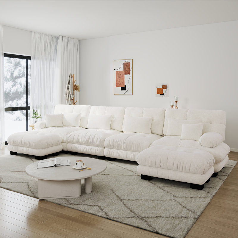 Modular Sectional Cloud Couch , 2 Ottomam Chenille Deep Seat Sofa With Pillow For Living Room, Beige
