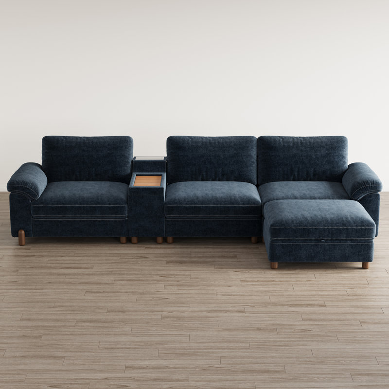 Canapé modulaire en L à 4 places avec console de chargement polyvalente, porte-gobelets, repose-pieds avec rangement et housses lavables, chenille bleu marine