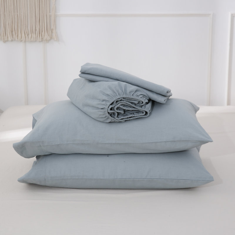 Ensemble de draps en lin, Ensemble de draps pour grand lit avec 2 taies d'or, Bleu
