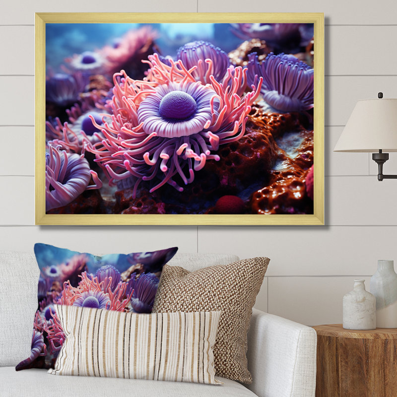 Harmonie d'animaux mauves et roses sur toile, H 16 po x l 32 po, Encadrement doré