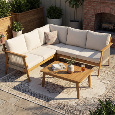 Outdoor 4-Piece Acacia Wood & Rope Sectional Patio Corner Set – L-Shape Modular Sofa with Coffee Table