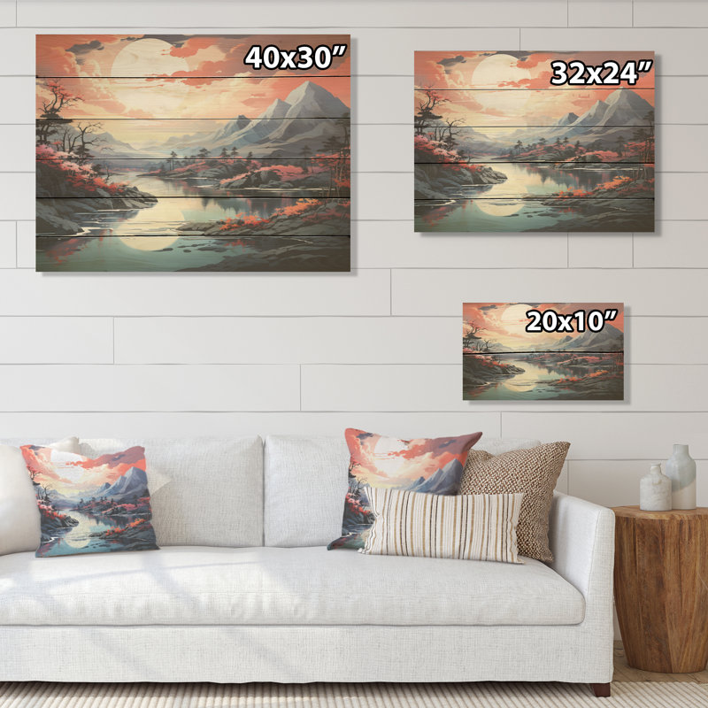 River Mountain Scenery Minimalism - Mountains River Wood Art On Natural Pine Wood, 10" H x 20" W