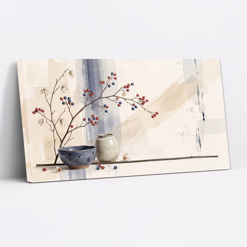 Branches de baies rouges et bleues avec vases en céramique, tableau sur toile aux tons neutres, 40"W x 20"H