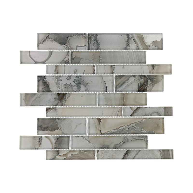 Myst Brick Joint Agate Inspired Polished Glass Wall Mosaic Tile, Nero