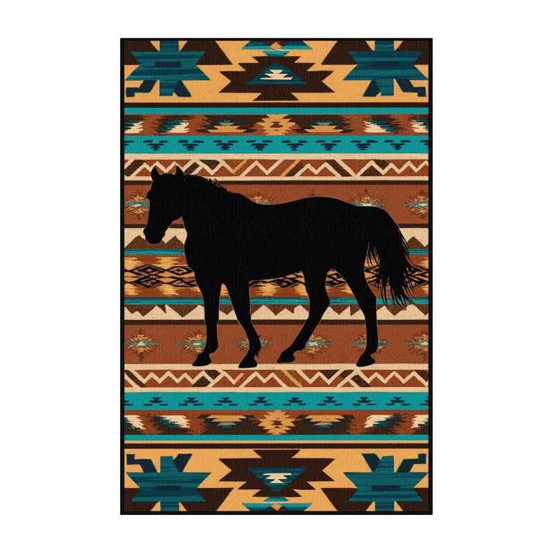 Washable Horse Silhouette Southwestern Area Rug, Rectangle 2' x 3'