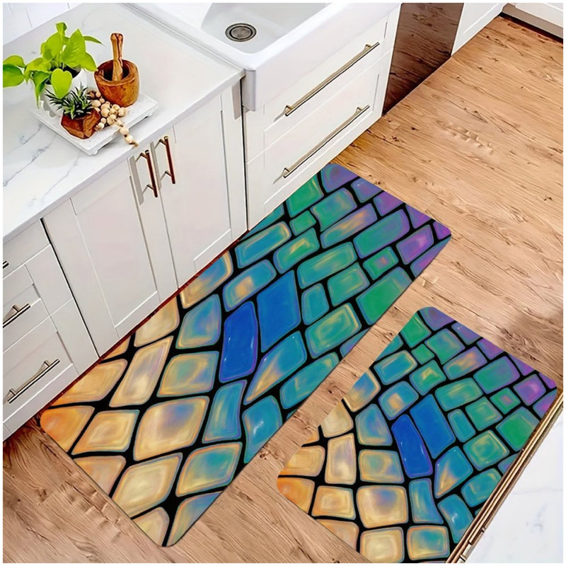 Tapis de cuisine en mosaïque irisée, ensemble de 2 tapis de sol pour la décoration intérieure, tapis de cuisine et de salle de bain
