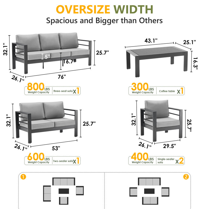 Ensemble de conversation pour 7 personnes avec coussins, Gris, Gris clair