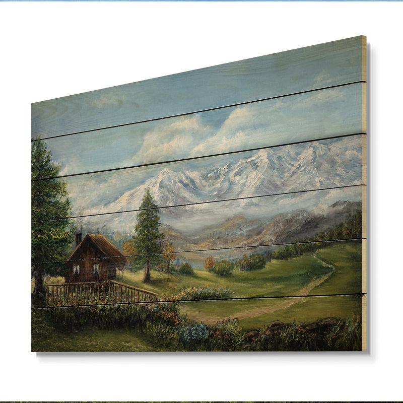 Paysage de chalet de montagne - impression sans cadre sur bois, H 8 po x l 12 po x P 1 po