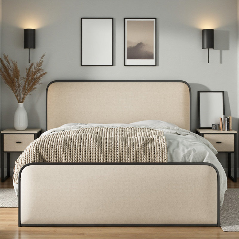 Upholstered Platform Bed, King, Beige/Black