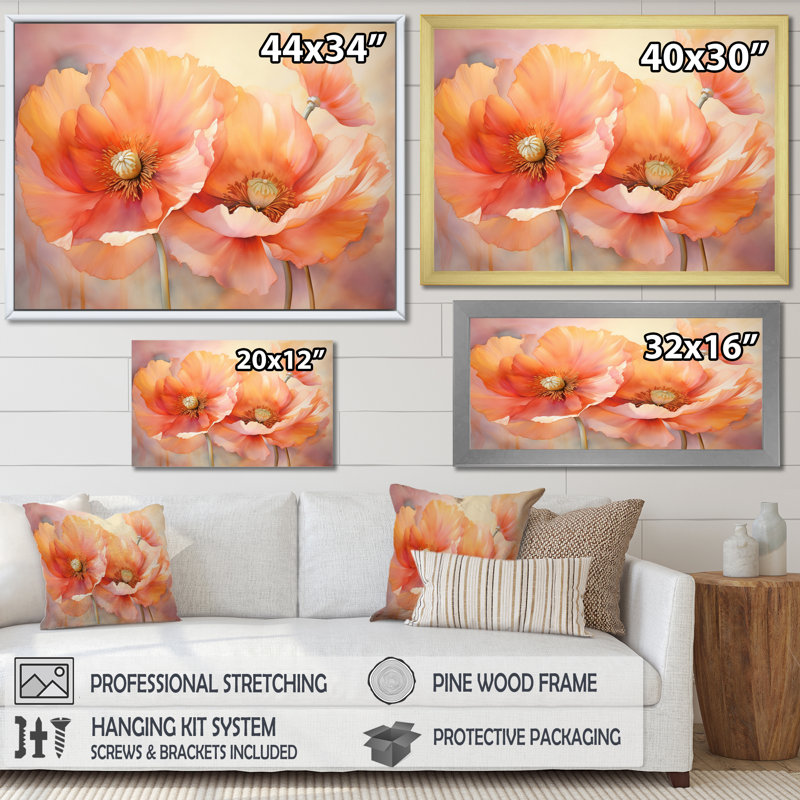 Coral Poppies Romantic Impression VI - Art mural de coquelicots pour le salon, Cadre flottant doré