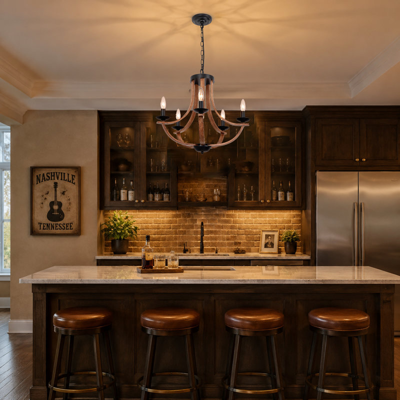 Farmhouse 5-light Black Chandelier With Wood Finish Metal,  21" Candle Style Ceiling Light For Kitchen Island And Dining Room
