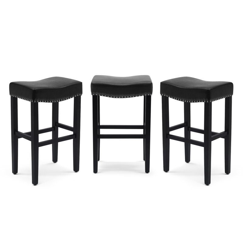 Jameson Upholstered Counter Stool with Solid Wood Frame, Bar Stool (29” Seat Height), Black Leather/Black Frame
