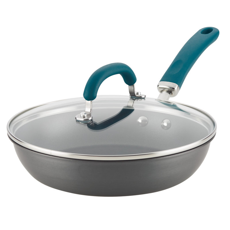 10.25" Gray Aluminum Nonstick Deep Fry Pan with Teal Handles