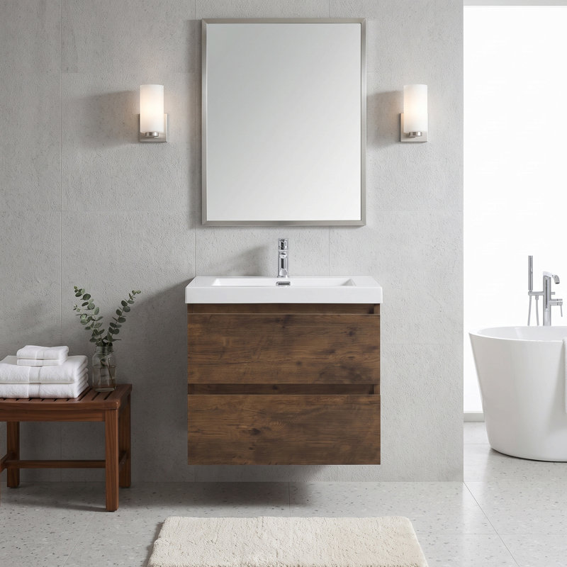 Meuble-lavabo suspendu de 61 cm (24 po) en mélamine en bois, résistant à l'eau, avec lavabo intégré en résine et carbonate de calcium, entièrement assemblé.