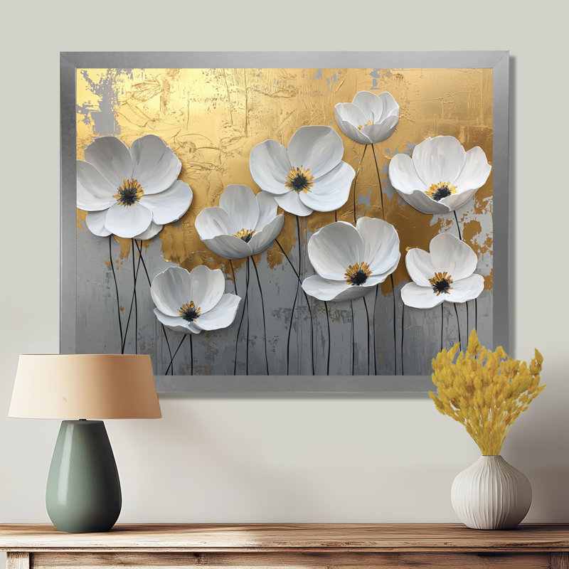 Millis - Floral Large Wall Art, Argent argent, Cadre simple, H 24 po x l 32 po