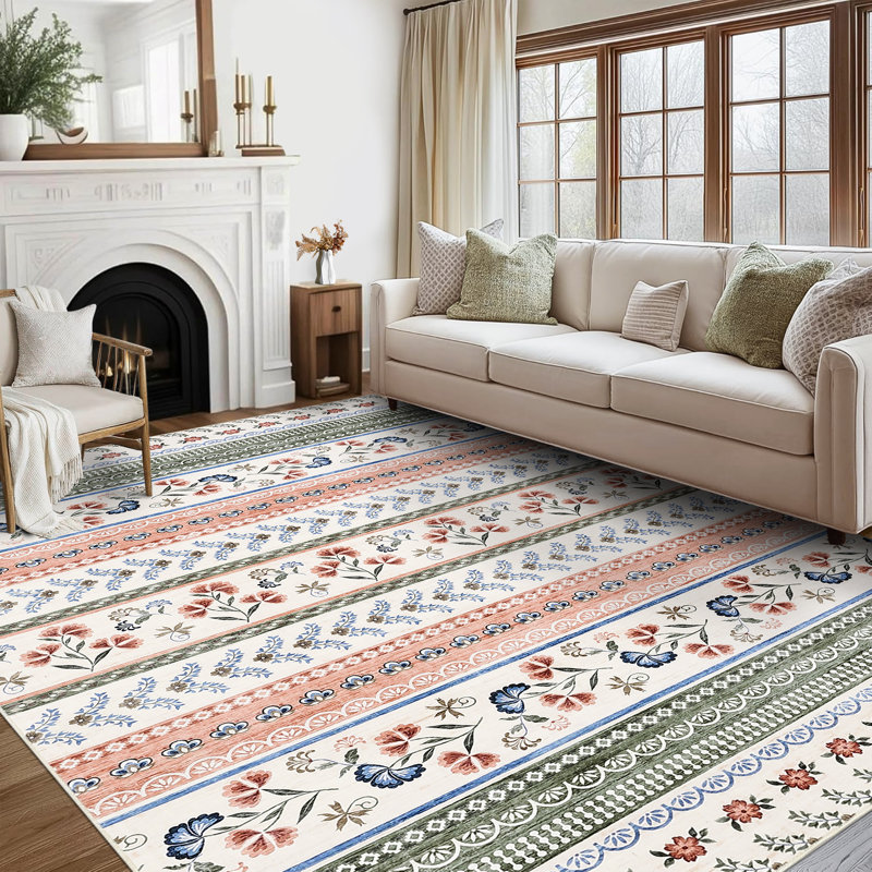 Floral Machine Washable Rug with Rubber Non-Slip Backing for Living Room, Dining Room, Bedroom, Office & Playroom