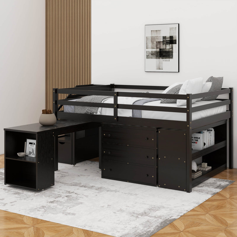 Lit mezzanine double avec bureau d'écriture rétractable et 3 tiroirs, Espresso