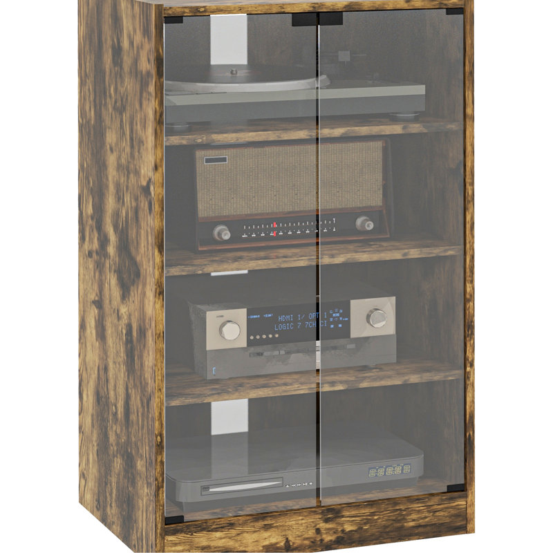 Media Cabinet 4, Rustic Brown - Modern Stereo Stand With Adjustable Shelves, Tempered Glass Doors For Laptop, Gaming Console, Player, Receiver 4 Cabinet, Brown, & Cable Management Electronic Storage
