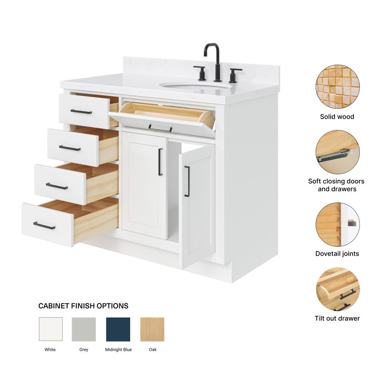 Meuble-lavabo simple en bois massif 42 po Tidworth avec plateau en quartz Carrara de 1,5 po, Blanc, Ovale, Oui