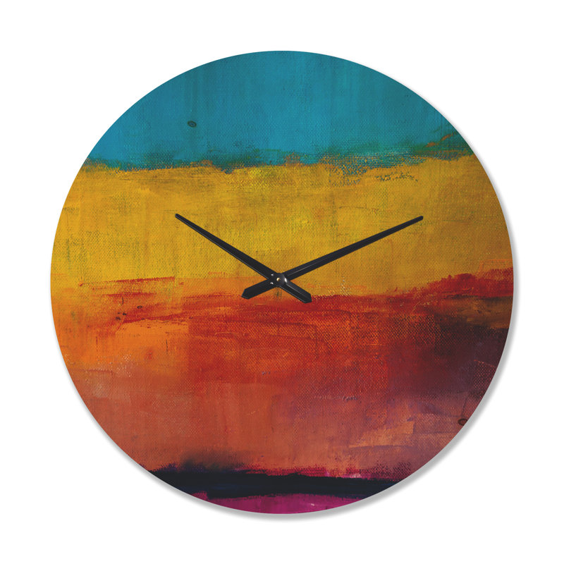 Jaune, bleu, orange, peinture abstraite, horloge murale moderne en bois, Grand