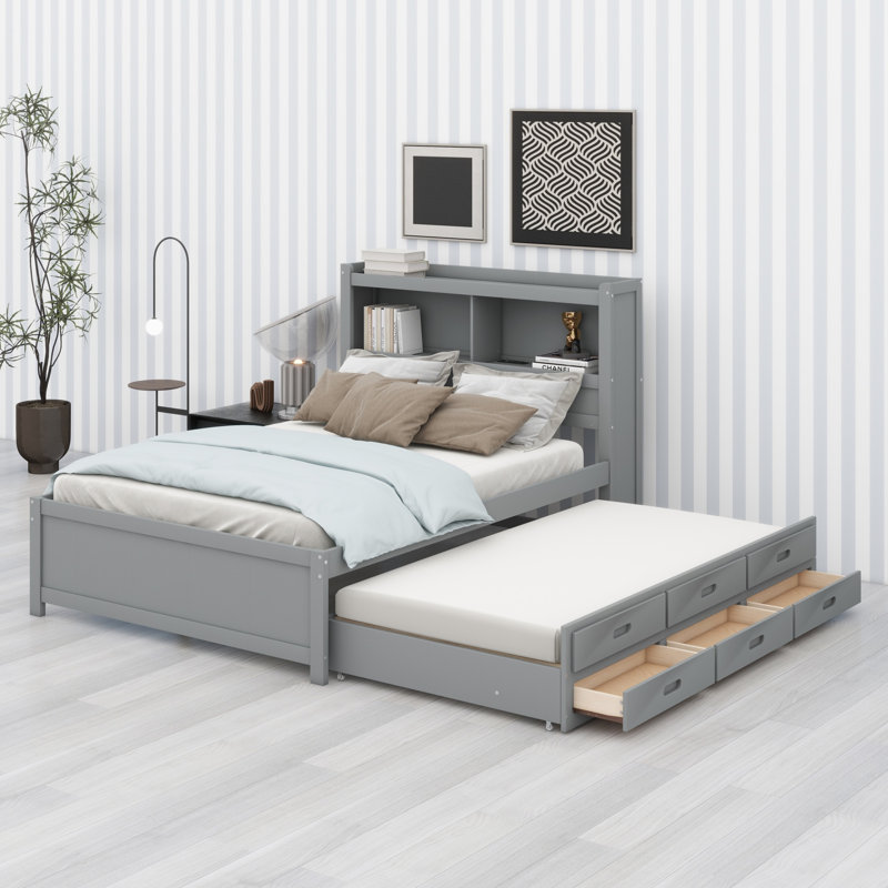 Lit plateforme avec lit gigogne, tiroirs et prises USB, Gris